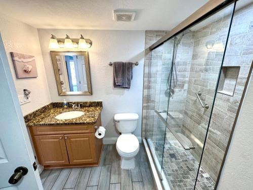 a bathroom with a toilet and a sink and a shower at 2BR/1BA Sienna Park Apartment in Sarasota