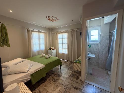 a bedroom with a bed and a bathroom with a shower at Condillia II in Spetses