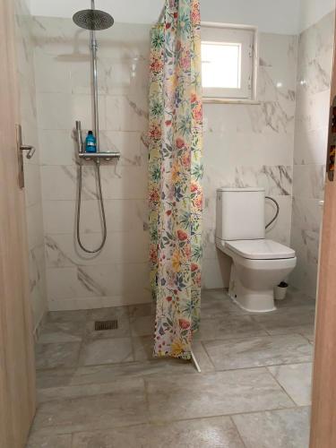 a bathroom with a toilet and a shower curtain at Quarto privado na natureza in Fernao Ferro