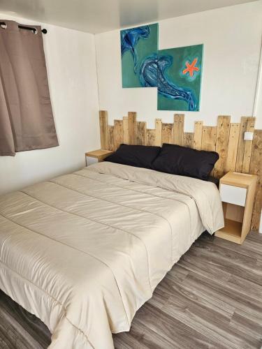 a bedroom with a large bed with a wooden headboard at Le cocon & spa in Camaret-sur-Aigues