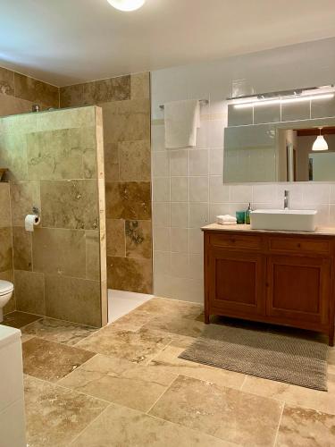 a bathroom with a sink and a shower at Combe Rouge in Belvèze