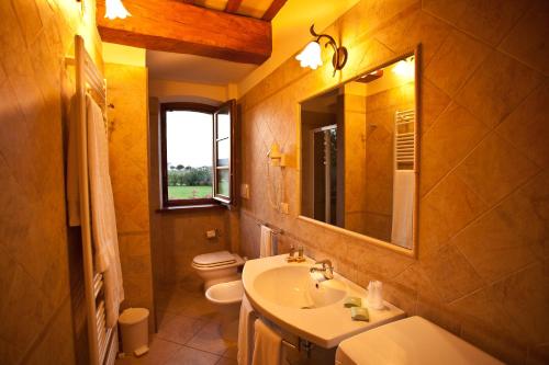 a bathroom with a sink and a toilet and a mirror at Agriturismo Le Rondini Di Francesco Di Assisi in Cannara