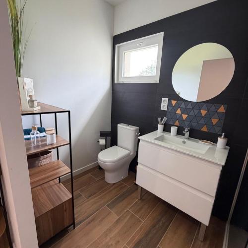 a bathroom with a toilet and a sink and a mirror at Suite indépendante proche Bordeaux in Rions
