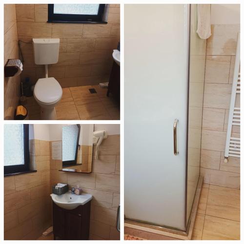 two pictures of a bathroom with a toilet and a sink at Vatra Dacilor Transalpina in Şugag