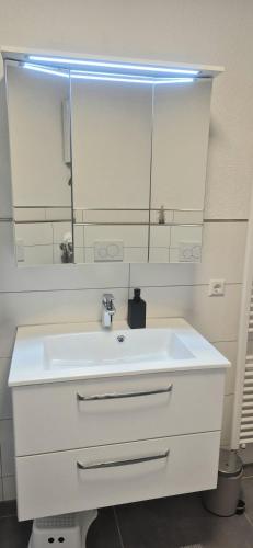 a bathroom with a white sink and a mirror at Casa Laguna in Oberteuringen