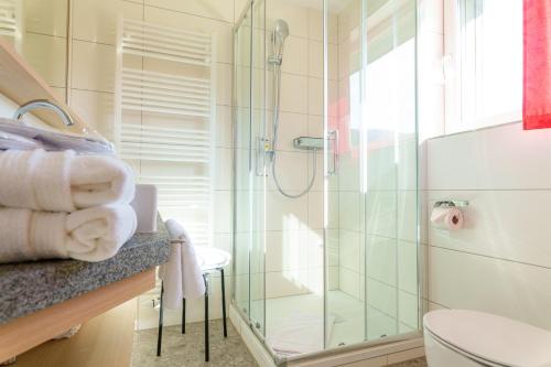 ein Badezimmer mit Dusche, Toilette und Handtüchern. in der Unterkunft Hotel Schönblick in Lochau