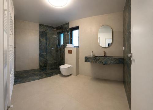 a bathroom with a toilet and a sink and a mirror at Cataleya House Sovata in Sovata