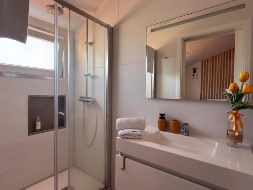 a bathroom with a sink and a shower with a mirror at Ripado Loft in Ponta Delgada