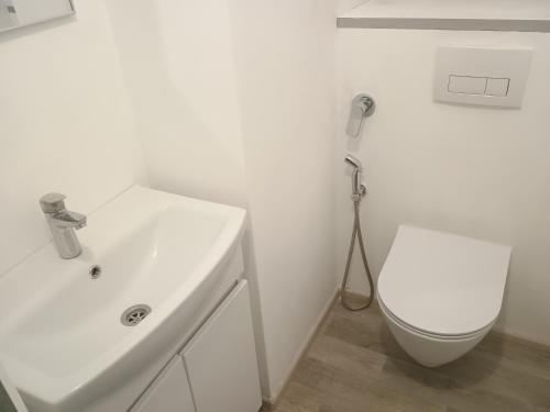 a white bathroom with a toilet and a sink at Уютная комната в квартире в ЖК Одесский Бульвар in Teremki