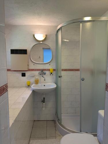 a bathroom with a sink and a shower at Apartmán Gál 1 in Kvačany