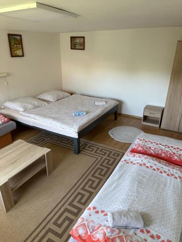 a room with two beds and a table at Apartmán Gál 1 in Kvačany