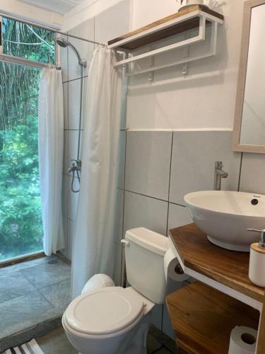 a bathroom with a toilet and a sink at Nahele Lodge in Santa Teresa Beach