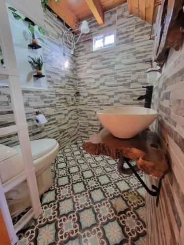 a bathroom with a large sink and a toilet at Cozy Cabin in avocado farm in Marinilla