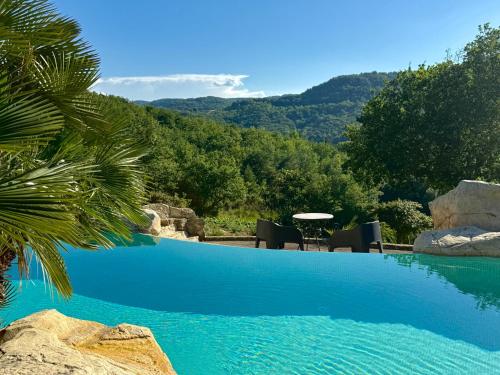 a swimming pool with a view of a mountain at Château de Tournou in Castelreng