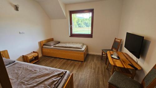 a room with a bed and a desk and a television at Penzión Trio in Trnkov