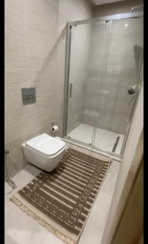 a bathroom with a shower and a toilet and a rug at Appartement S2 résidence costa '0751' 8402'79 fr in El Ahmar