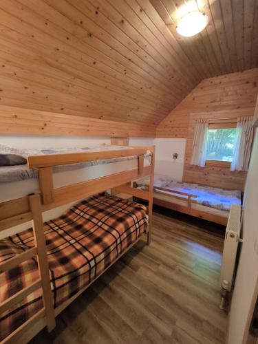 a room with two bunk beds in a cabin at Apartmaji Zupančič in Bohinj