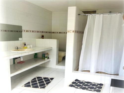 a bathroom with a shower curtain and a sink at FerG in Lligua