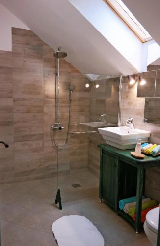a bathroom with a shower and a sink at Casa Moeciu Family in Moieciu de Jos