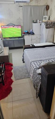 a bedroom with a bed and a tv with a soccer game at Victoria complex in Willemstad
