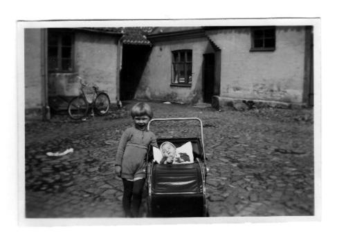 a young boy standing with a cat in a cart at Hotell Turistgården i Simrishamn in Simrishamn