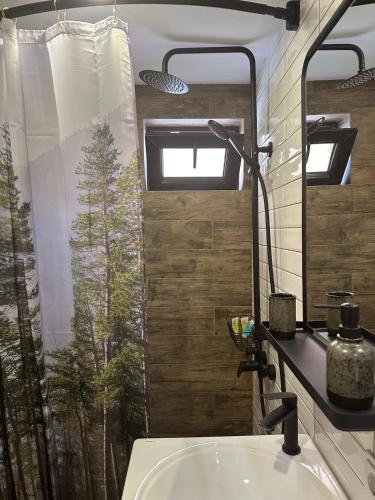 a bathroom with a shower and a sink and a mirror at Mountain Stories Kazbegi-Stepantsminda in Kazbegi