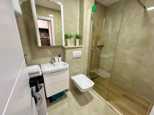 a bathroom with a toilet and a shower and a sink at Alula Apartments 2 in Bar