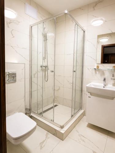 a bathroom with a shower and a toilet and a sink at Hotel ZÁMOCKÁ KORUNA u Hoffera in Nitra