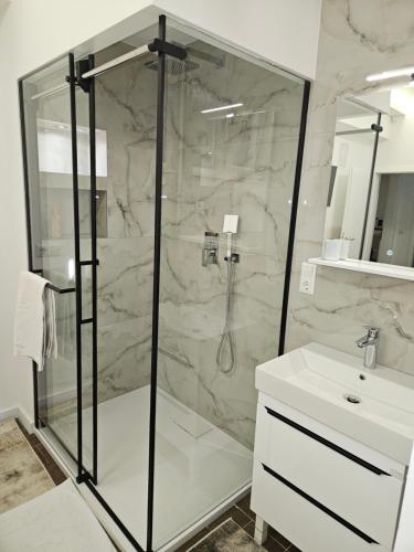 a bathroom with a shower and a sink at Apartment Music in Sarajevo
