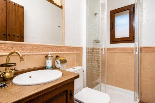 a bathroom with a sink and a shower and a toilet at Villa Las Palomas 2 in Nerja