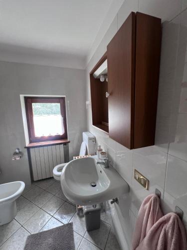 a white bathroom with a sink and a toilet at Anza Village - Ds Hüüsji 1 in Vanzone