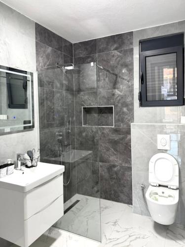 a bathroom with a shower and a toilet and a sink at Raba Apartments in Donji Štoj
