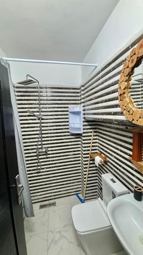 a bathroom with a shower and a toilet and a sink at Surf house apartment in Oualidia
