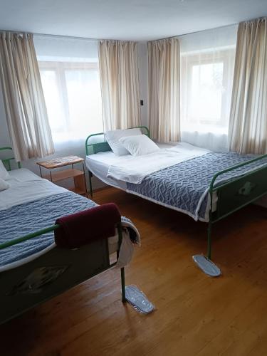 two beds in a room with two windows at Апартамент Стар стил Old style in Raduil