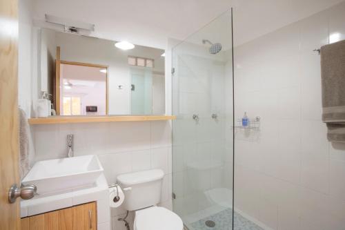 a bathroom with a shower and a toilet and a sink at Riberas Suites in Chapala