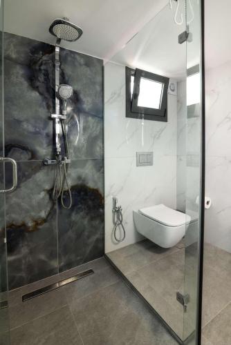 a bathroom with a shower with a toilet and a sink at Aurelio Luxury Apartments in Paloúkia