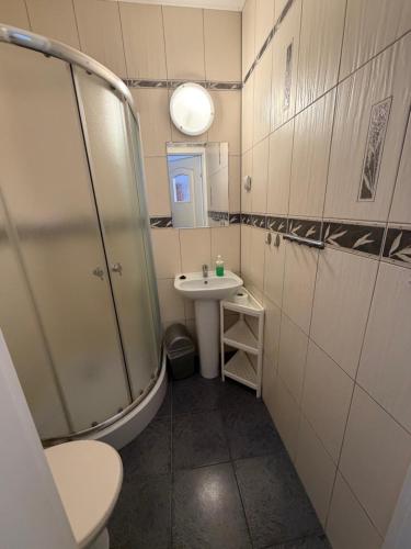 a small bathroom with a sink and a shower at Tedi 2 in Rewal