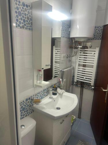 a bathroom with a sink and a toilet and a mirror at Sobe Andjela in Arilje