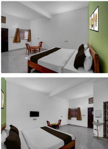 two pictures of a bedroom with a bed and a desk at hotel 0771 in Raipur
