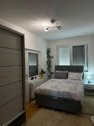 a bedroom with a bed and two windows at Sobe Andjela in Arilje