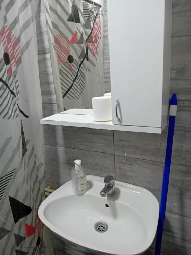a bathroom with a white sink and a mirror at Smestaj Prokuplje in Prokuplje