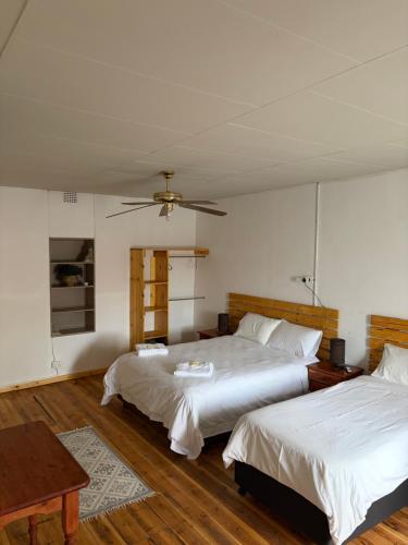 a bedroom with two beds and a ceiling fan at Formule 11 in Frankfort