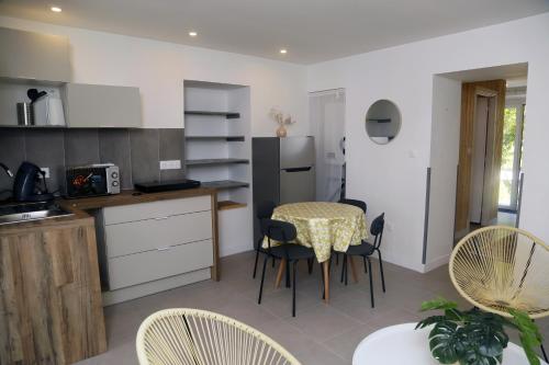 a kitchen with a table and chairs in a kitchen at Jolie T2, RDC, Proche du lac in Aix-les-Bains