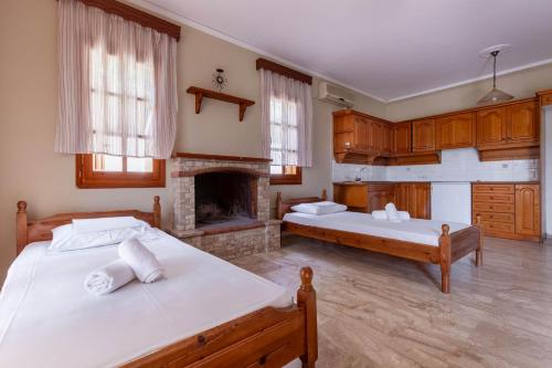 a large room with two beds and a fireplace at Thimeli Hotel in Lygourio