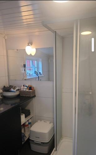 a bathroom with a toilet and a glass shower at Cabin and Guest house in Haugesund