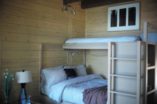 two bunk beds in a wooden room with a lamp at Refuge du Cap in Baie-Saint-Paul