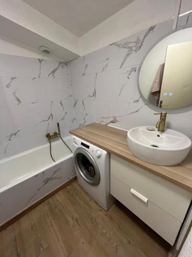 a bathroom with a washing machine and a sink at Appartement Duplex Mezzanine Station Ski Valberg in Péone
