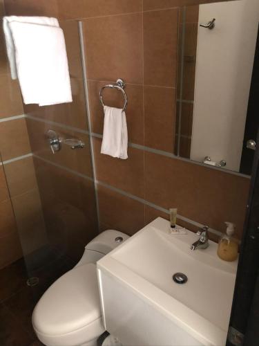 a bathroom with a white toilet and a sink at Hotel Mare Apartasuite in Cali