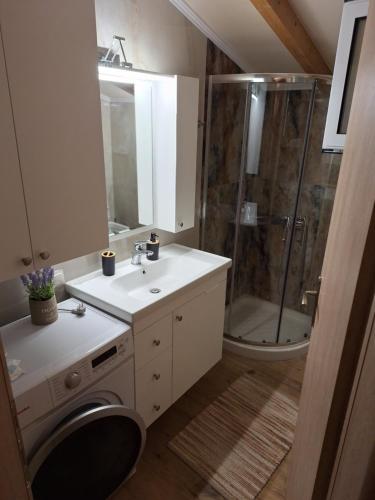 a bathroom with a shower and a sink and a washing machine at ILIANA apartments in Preveza