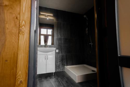 a small bathroom with a sink and a toilet at Asket Villas in Krivorovnya